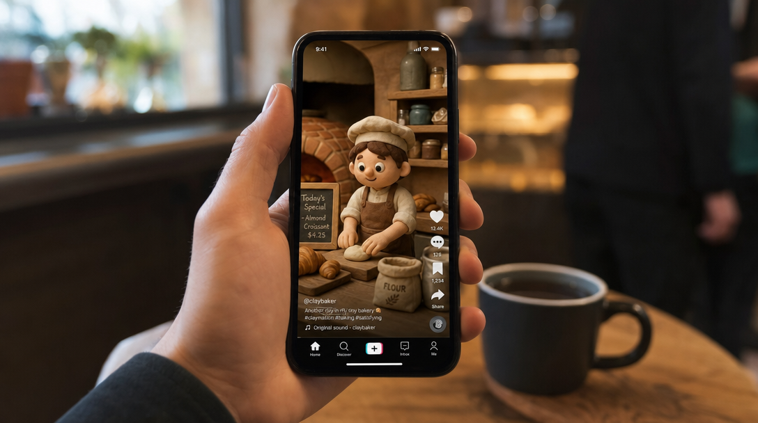 Person at a cafe stopping mid-scroll on a claymation TikTok video playing on their phone
