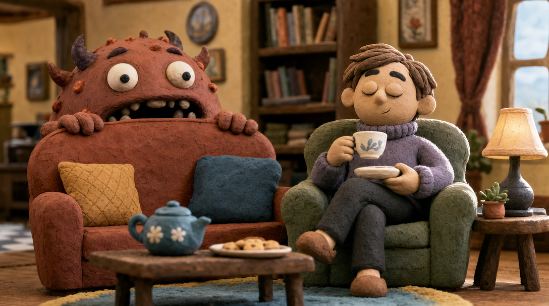 Viral claymation horror comedy idea with a goofy clay monster peeking from behind a couch