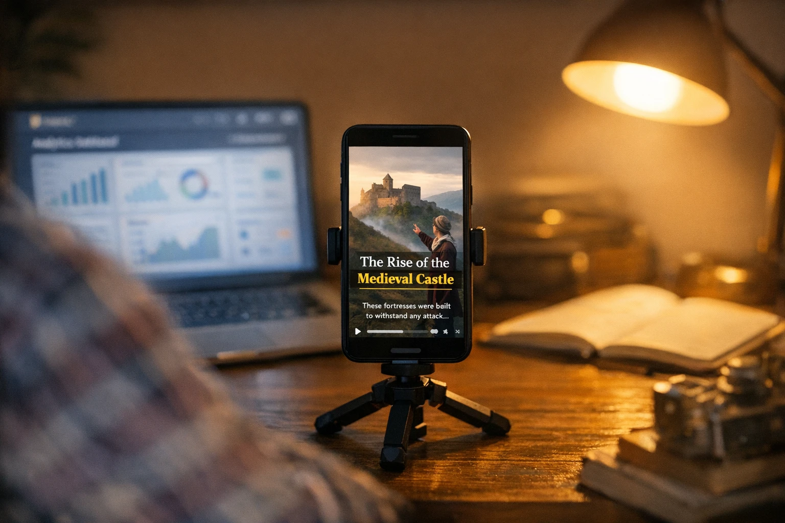 Faceless history channel creator workspace with a phone showing a vertical AI time travel vlog