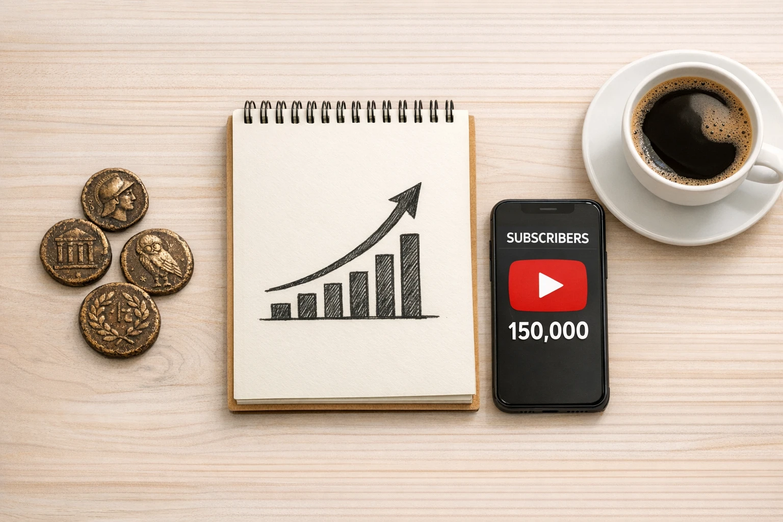 History YouTube channel earnings concept with ancient coins and a growth chart on a creator's desk