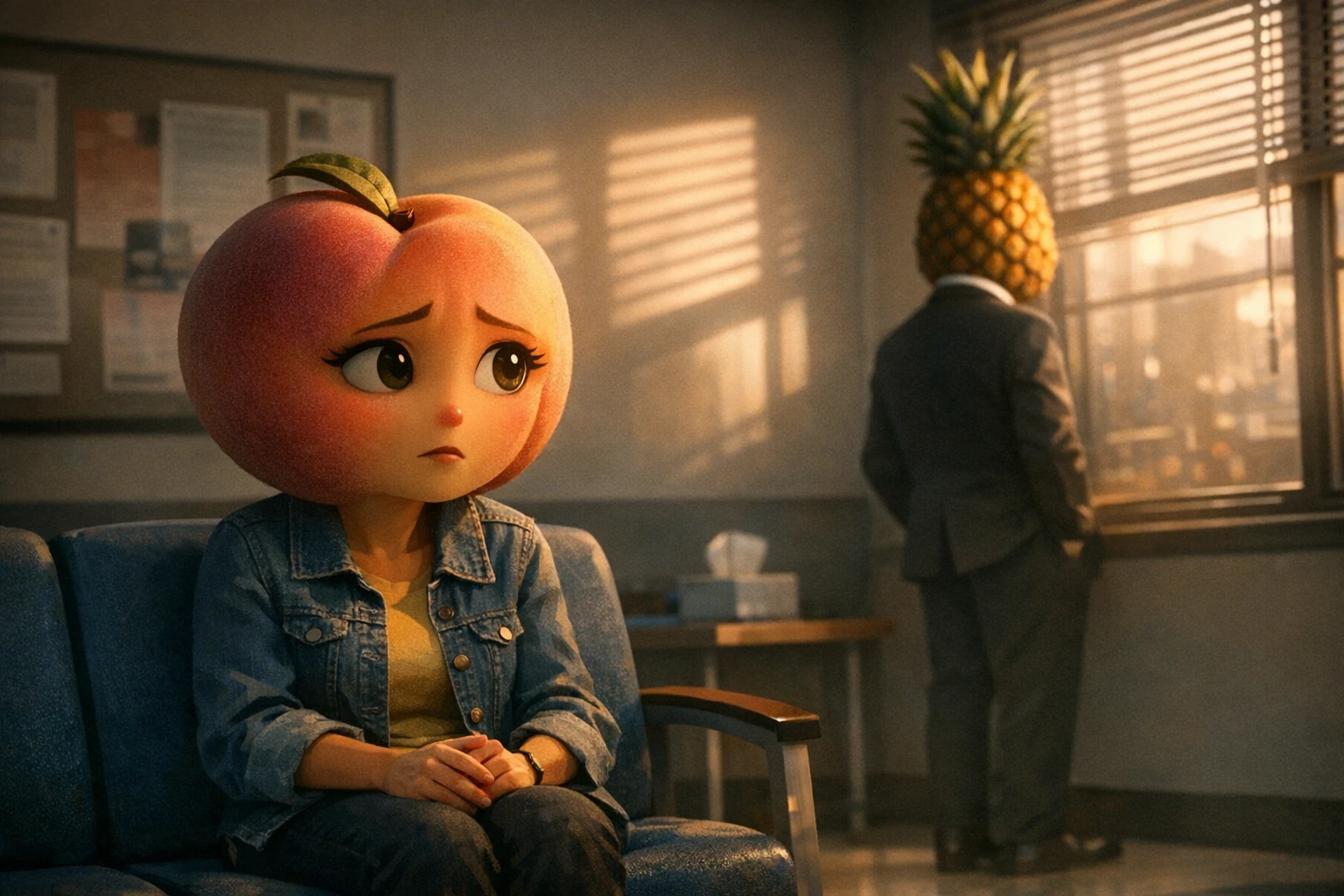 Fruit drama video scene with 3D fruit characters in an emotional confrontation