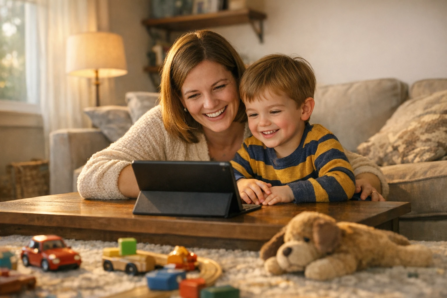 Family watching fruit stories for children together on the living room TV