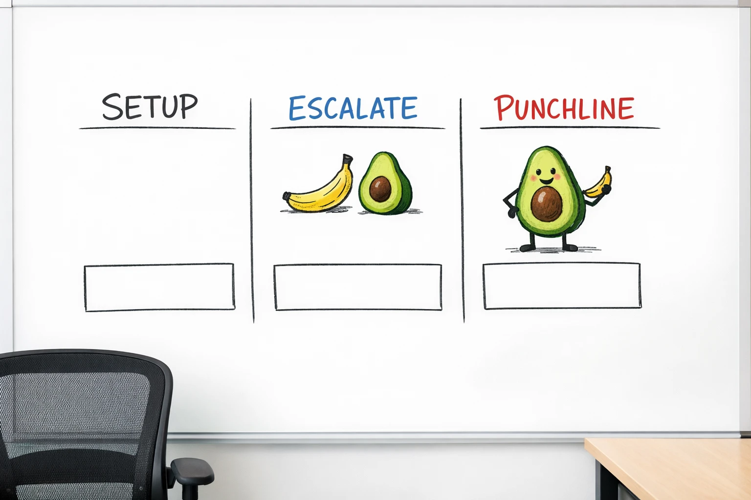Comedy writing board showing the setup, escalation, and punchline structure of a funny fruit skit
