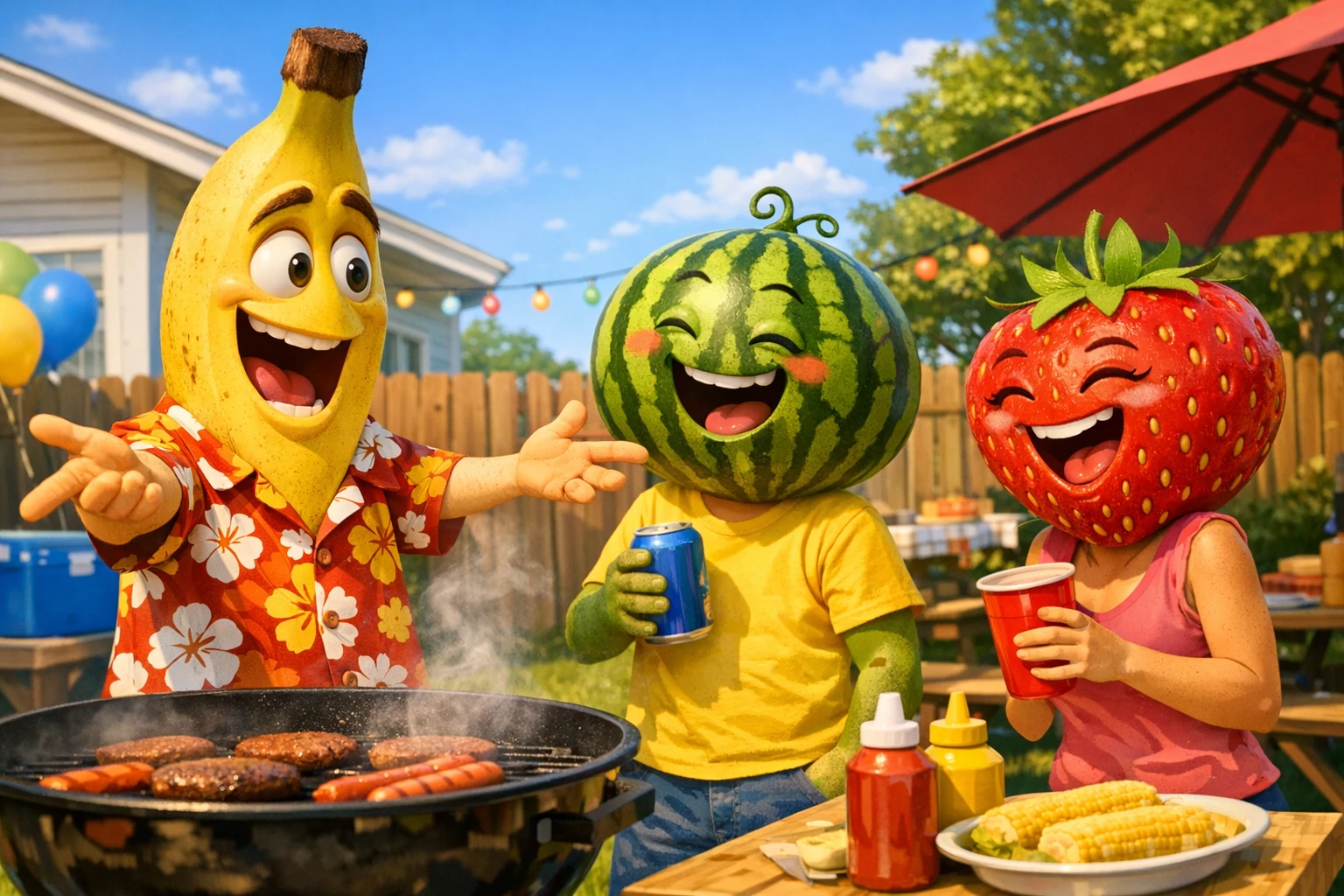 Funny fruit videos scene with 3D fruit characters performing a comedy skit