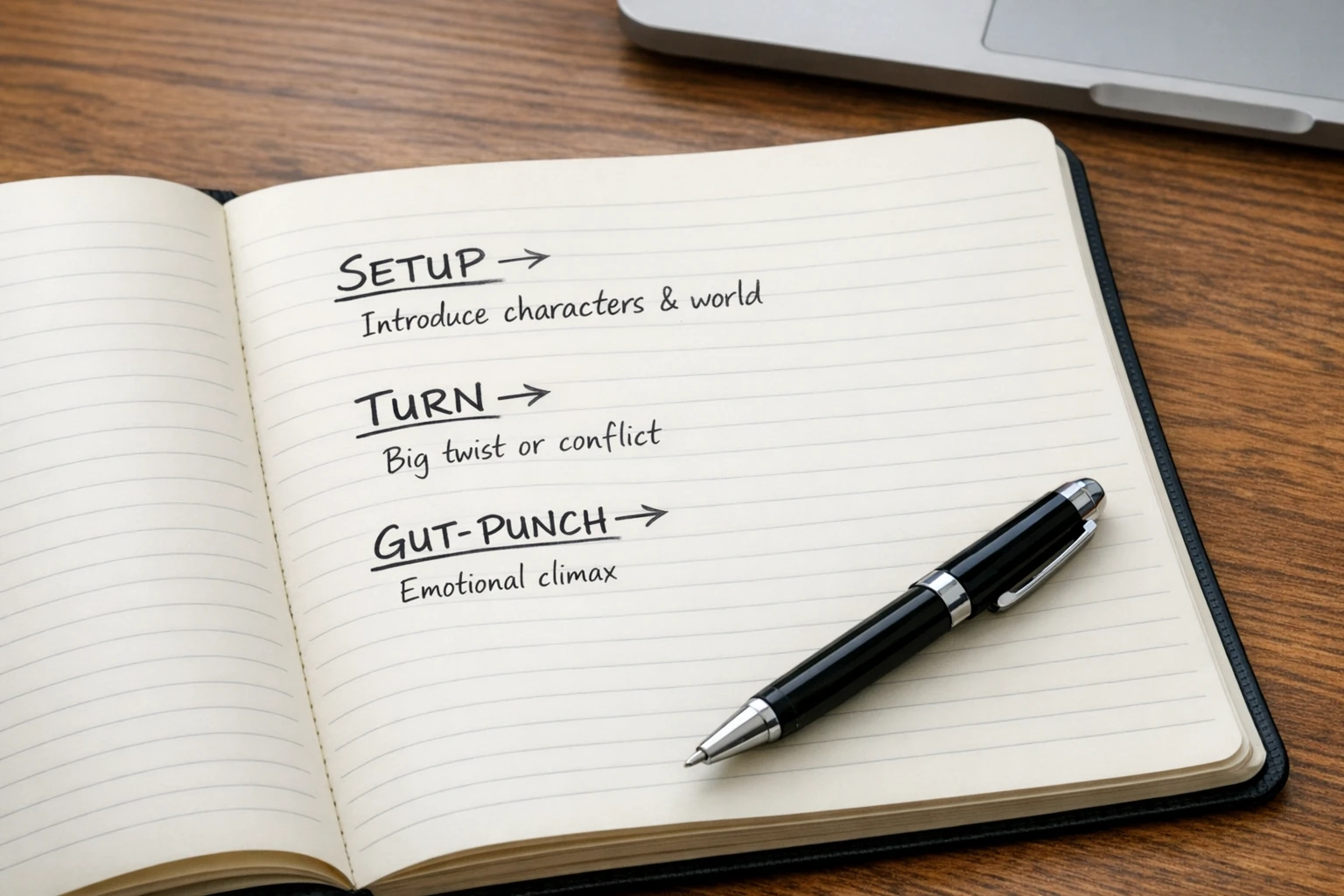 Notebook sketch of the three-beat fruit story structure: setup, turn, and gut-punch ending