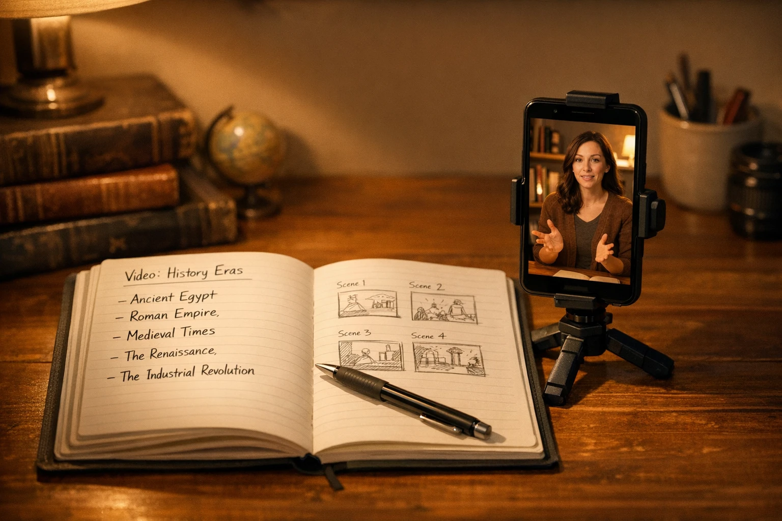 Creator planning time travel vlog prompts and era scenarios in a notebook next to a phone showing a vertical video