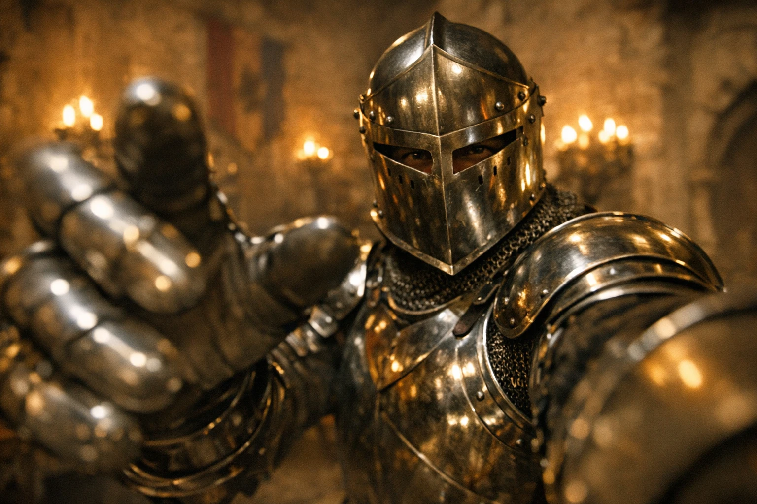 Knight POV AI video style shot: armored knight taking a selfie in a torch-lit medieval castle great hall