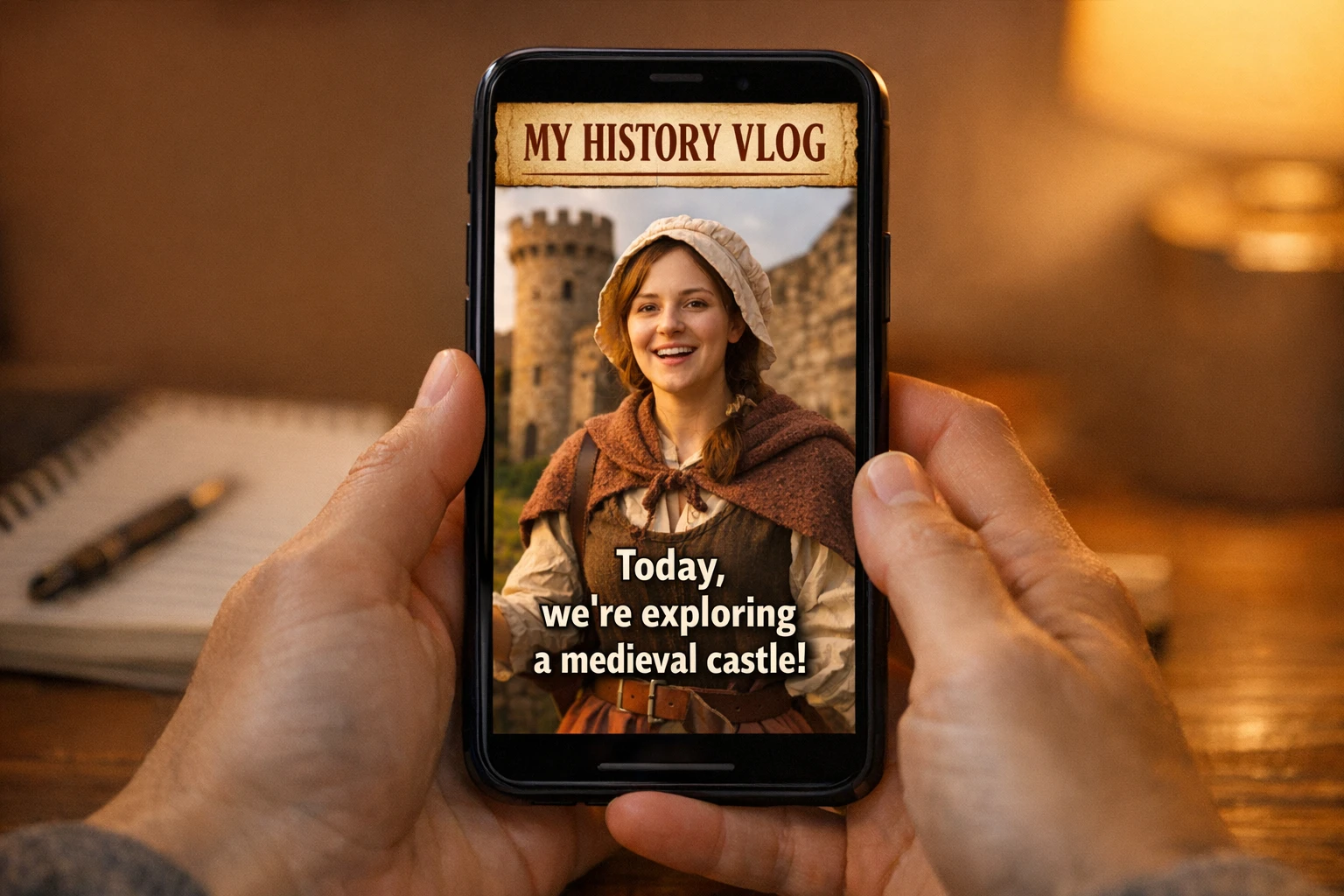 Creator reviewing a finished vertical first person history video with captions on a phone before posting