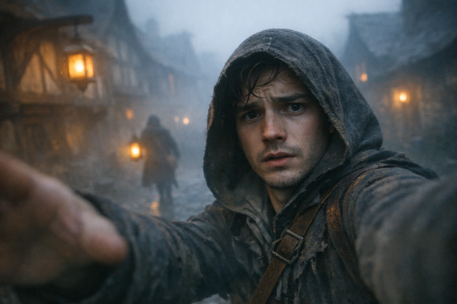 POV history video generator output style: first-person selfie of a time traveler on a foggy medieval plague-era street