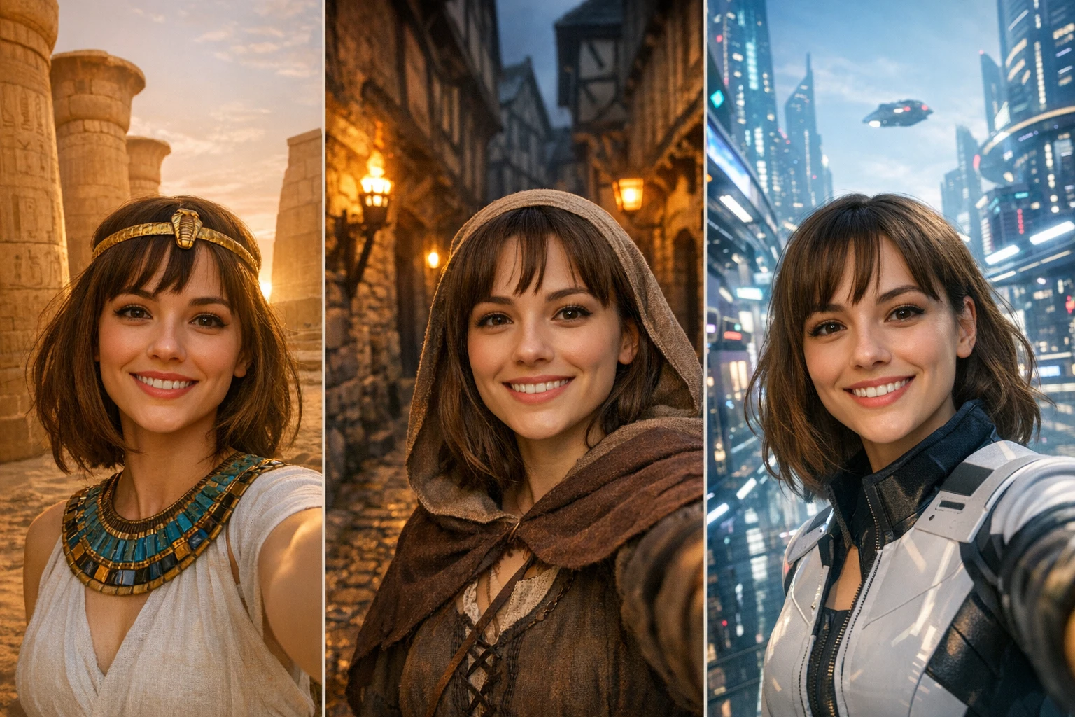One consistent AI character taking selfies across three eras — ancient Egypt, medieval Europe, and a future city