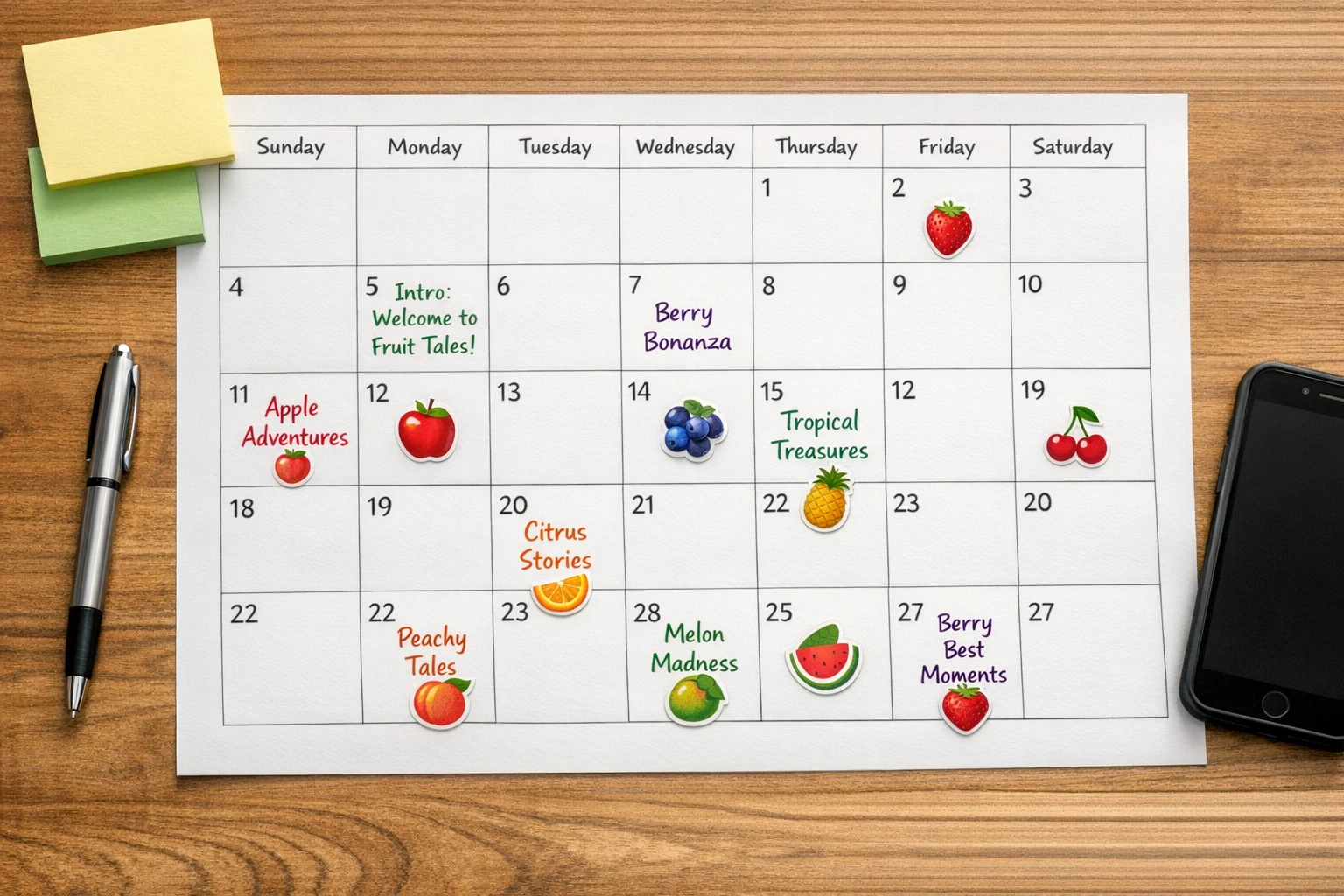 Content calendar planning a month of fruit story channel episodes