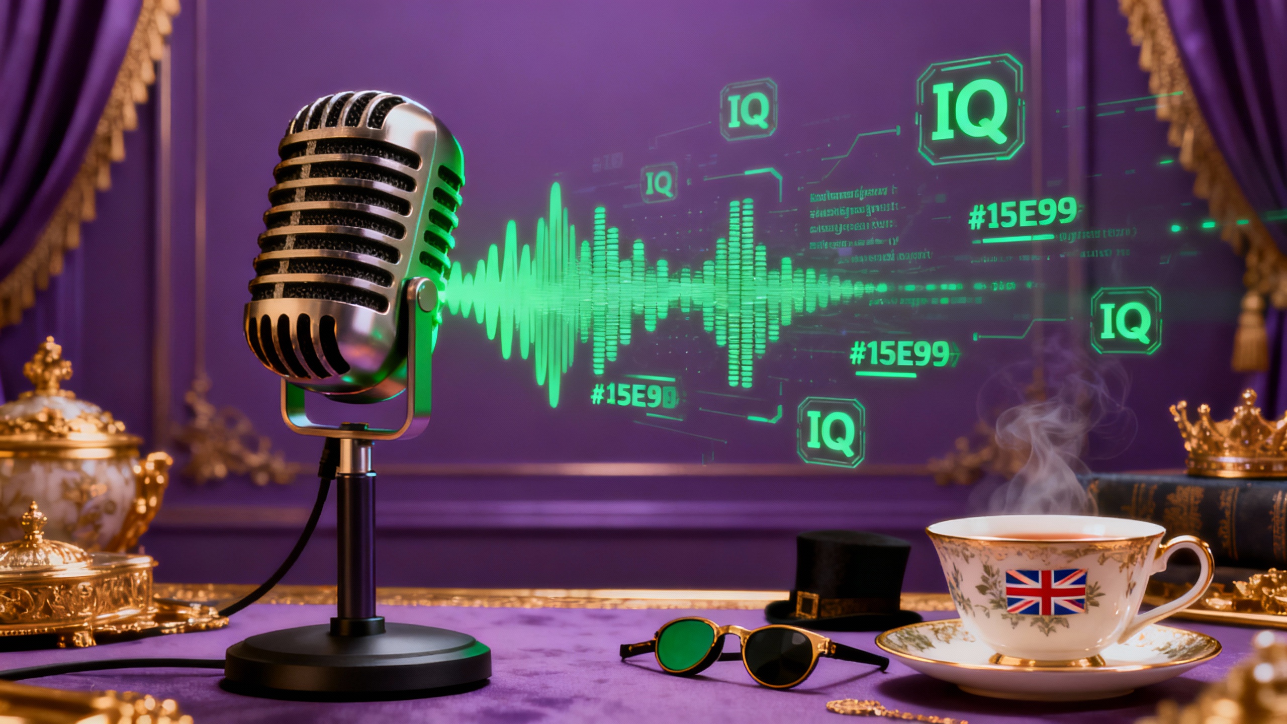 AI voice creation visualization with sophisticated microphone and intelligent speech patterns