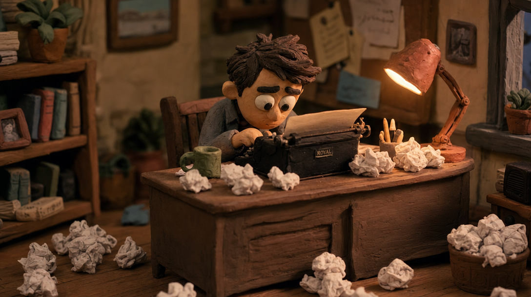 Whimsical clay character writing a skit script at a tiny typewriter, representing AI screenwriting for text to claymation