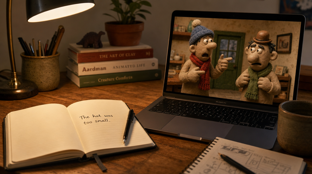 Text to claymation concept showing a handwritten notebook idea coming alive as a clay animation scene on a laptop