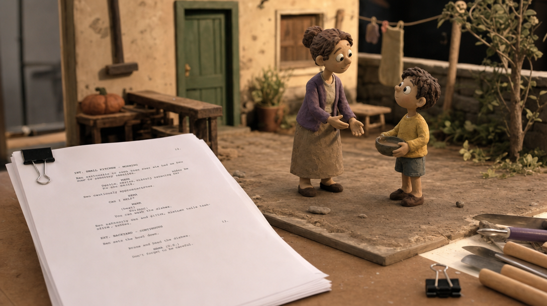 AI-written script pages resting on a miniature clay film set, showing how a text prompt becomes a claymation production
