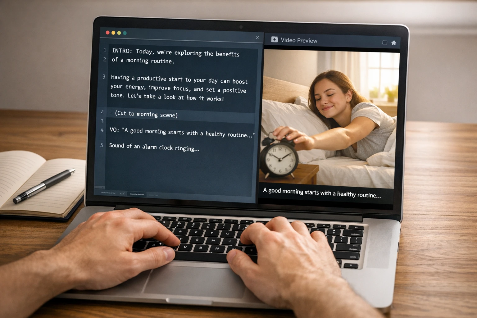 Text to video AI workflow showing a script being transformed into a finished professional video
