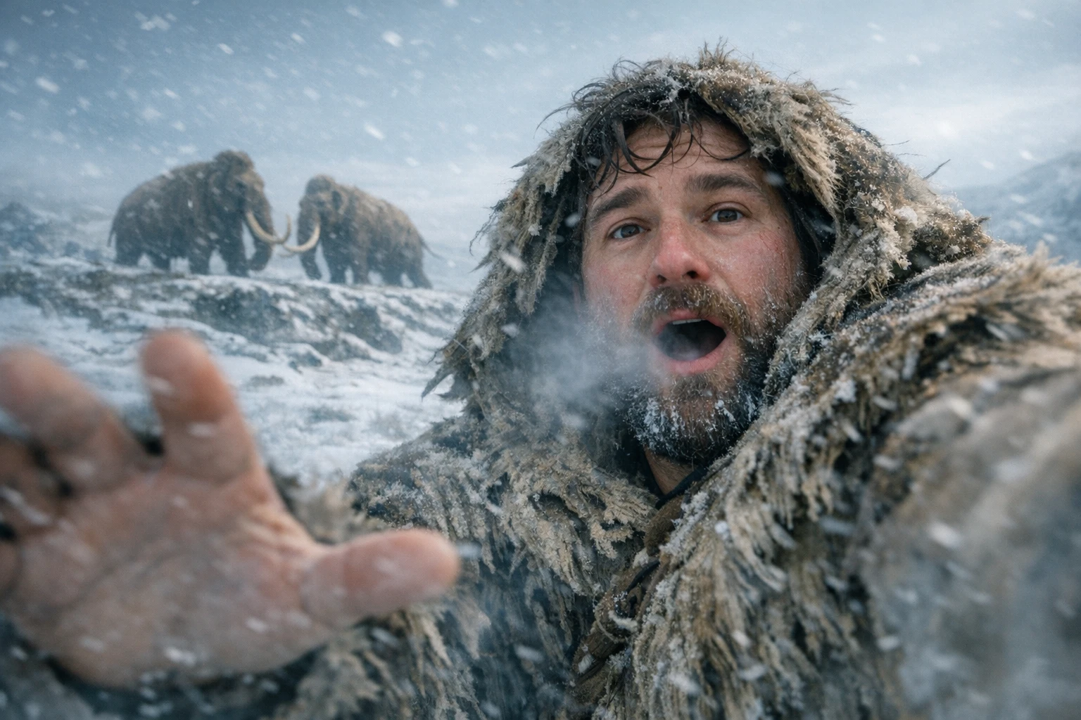 Time travel vlog idea in action: a fur-clad traveler filming a selfie video in the Ice Age with mammoths behind him