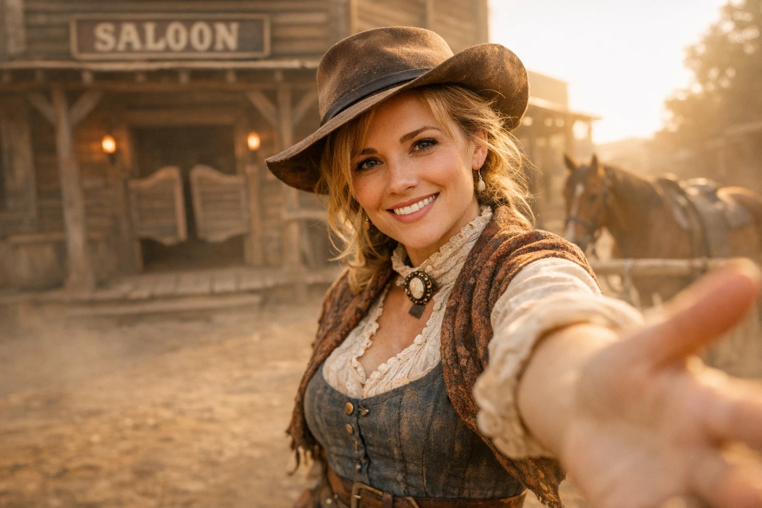 POV you wake up in the Wild West vlog idea: a woman in 1870s frontier dress filming a selfie outside a wooden saloon