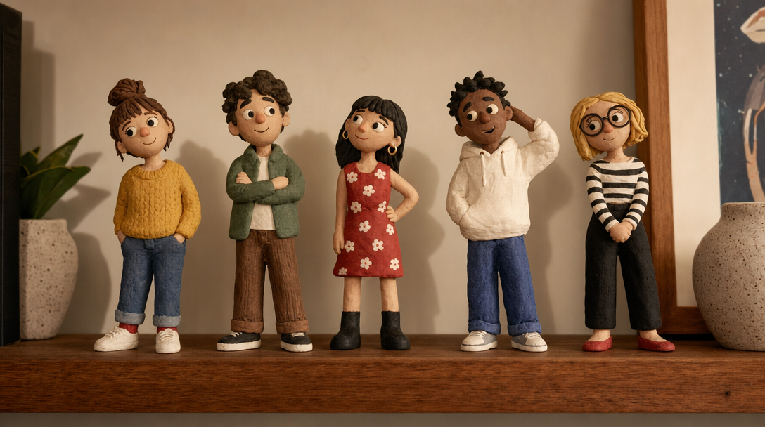 A shelf of claymation figurines of different people made from photos, ready to star in skits