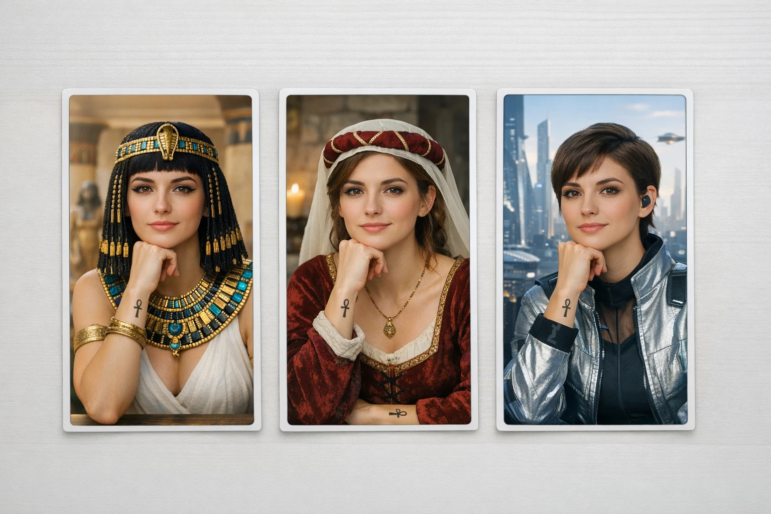 Storyboard showing the same AI character consistent across ancient Egypt, medieval, and future-city clips of a time travel vlog