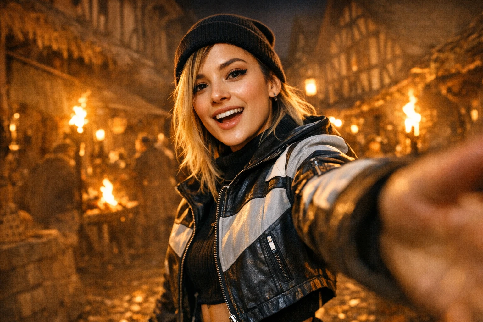Modern creator filming a selfie-style AI history POV video in a torch-lit medieval market street, the era contrast behind videos like Chloe VS History