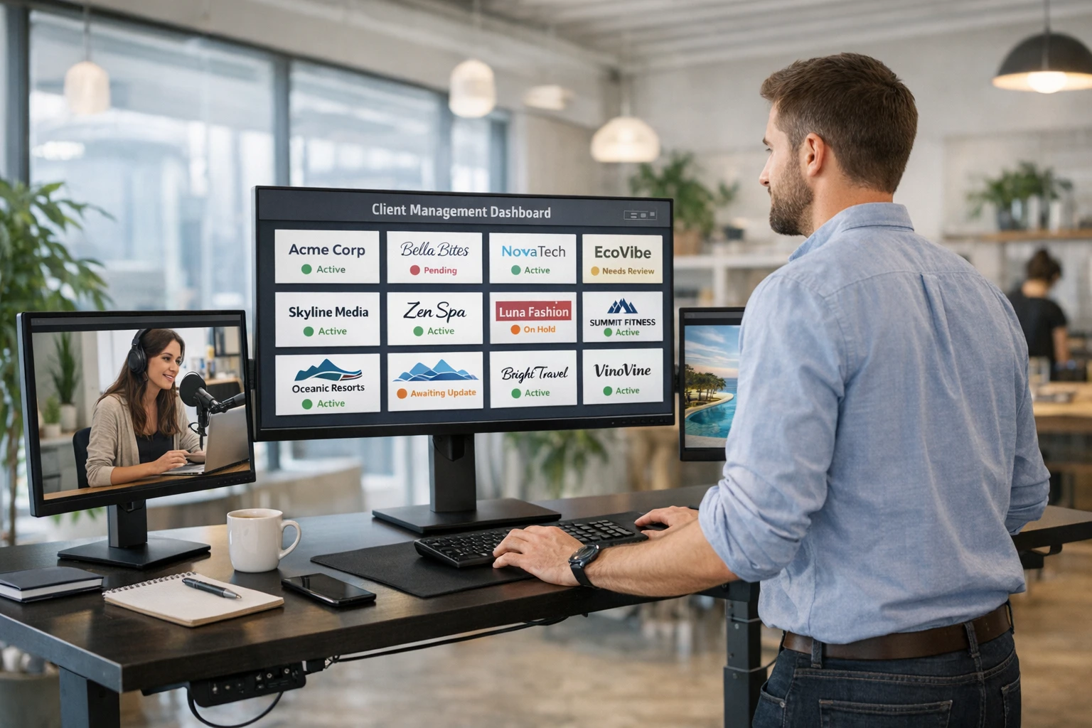Agency scaling concept showing multiple client brands managed from one dashboard with AI video automation