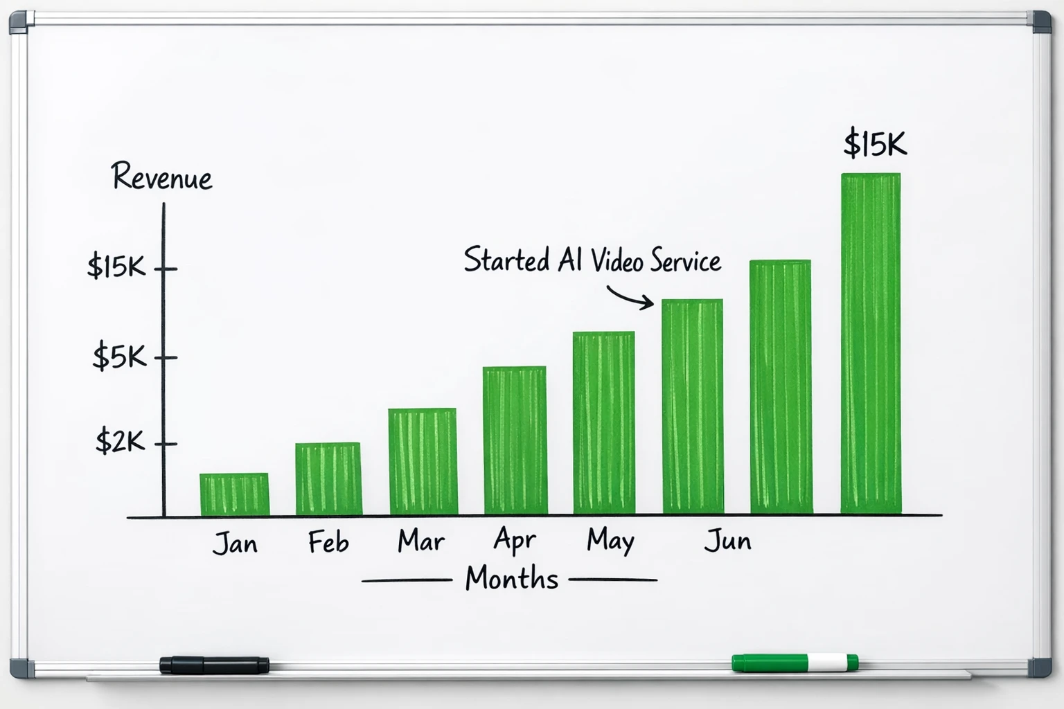 Revenue growth chart showing agency income scaling with AI video automation from 3 to 30 clients