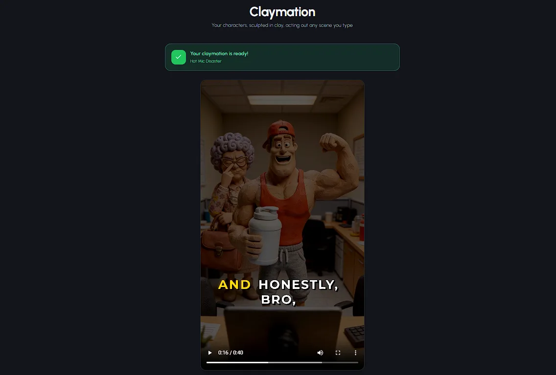 Finished claymation video ready to download in Autoclips with auto-generated title and hashtags