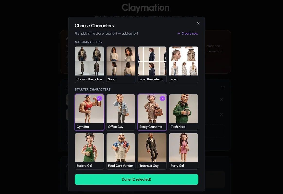 Autoclips claymation character creation screen where you upload a photo to turn it into a clay character