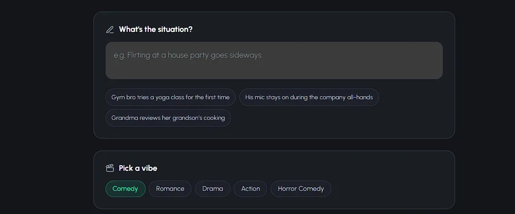 Online claymation maker step - typing the skit situation and choosing a genre vibe in Autoclips