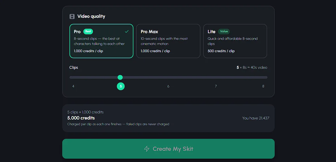 Autoclips quality tier and clip quantity selection that controls claymation price