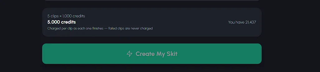 Autoclips showing the exact credit cost before creating a claymation video