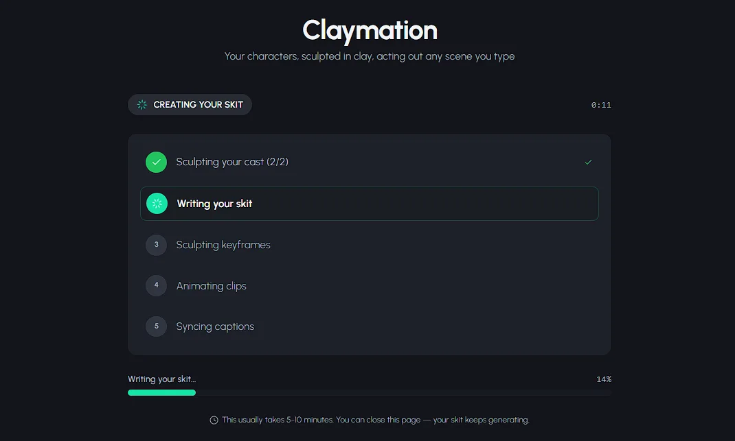 AI claymation video processing after clicking create in Autoclips
