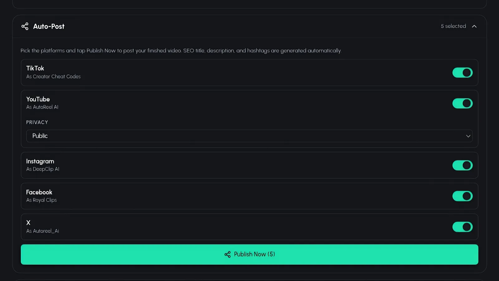 Auto-publish screen sending the finished video straight to connected social accounts
