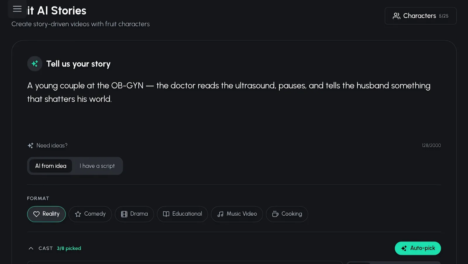 Fruit AI Stories idea input screen where you type your story idea or paste a script