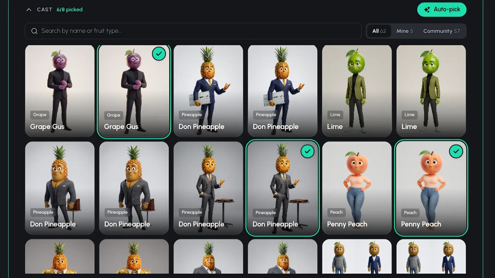 Character casting grid with Grape Gus, Don Pineapple, Penny Peach and Lime, an Auto-pick button, search, and All, Mine, Community tabs