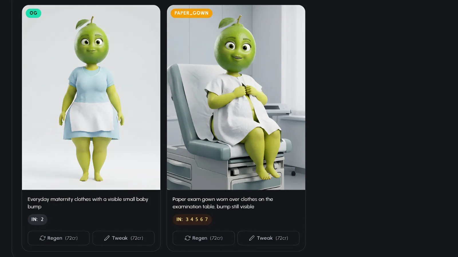 Cast review screen where you can regenerate or tweak any fruit character before rendering