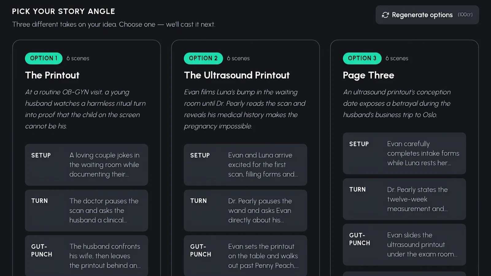 Three AI-written story angles, each showing a 6-scene arc with setup, turn, and gut-punch beats plus a Regenerate options button