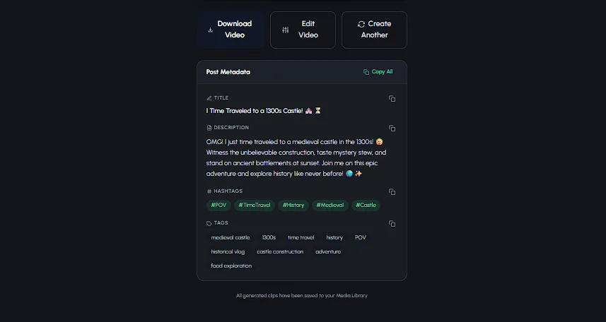 Auto-generated post metadata panel for history YouTube channel monetization with title, description, hashtags, and tags