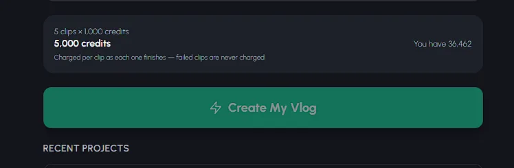 AutoClips Create My Vlog button that kicks off script writing, voiceover, clip generation, and captioning in one click