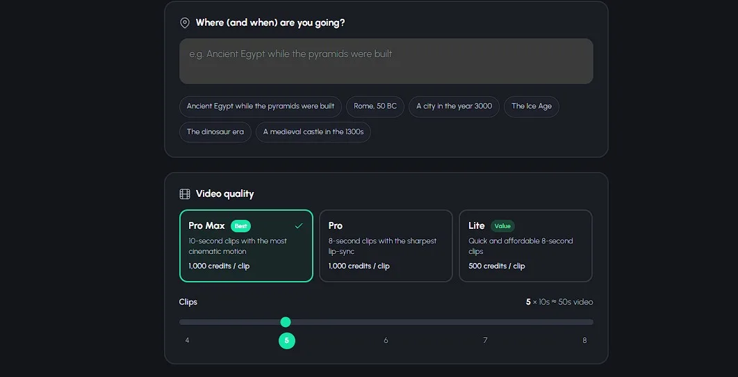 AutoClips Time Travel Vlog quality and clip-count selector showing Pro Max, Pro, and Lite options with a 4 to 8 clip slider