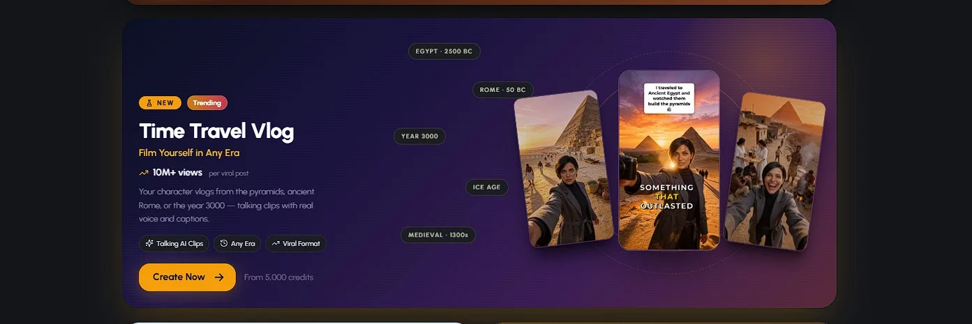 AutoClips Create Now confirmation showing the credit cost before the AI renders your finished time travel vlog