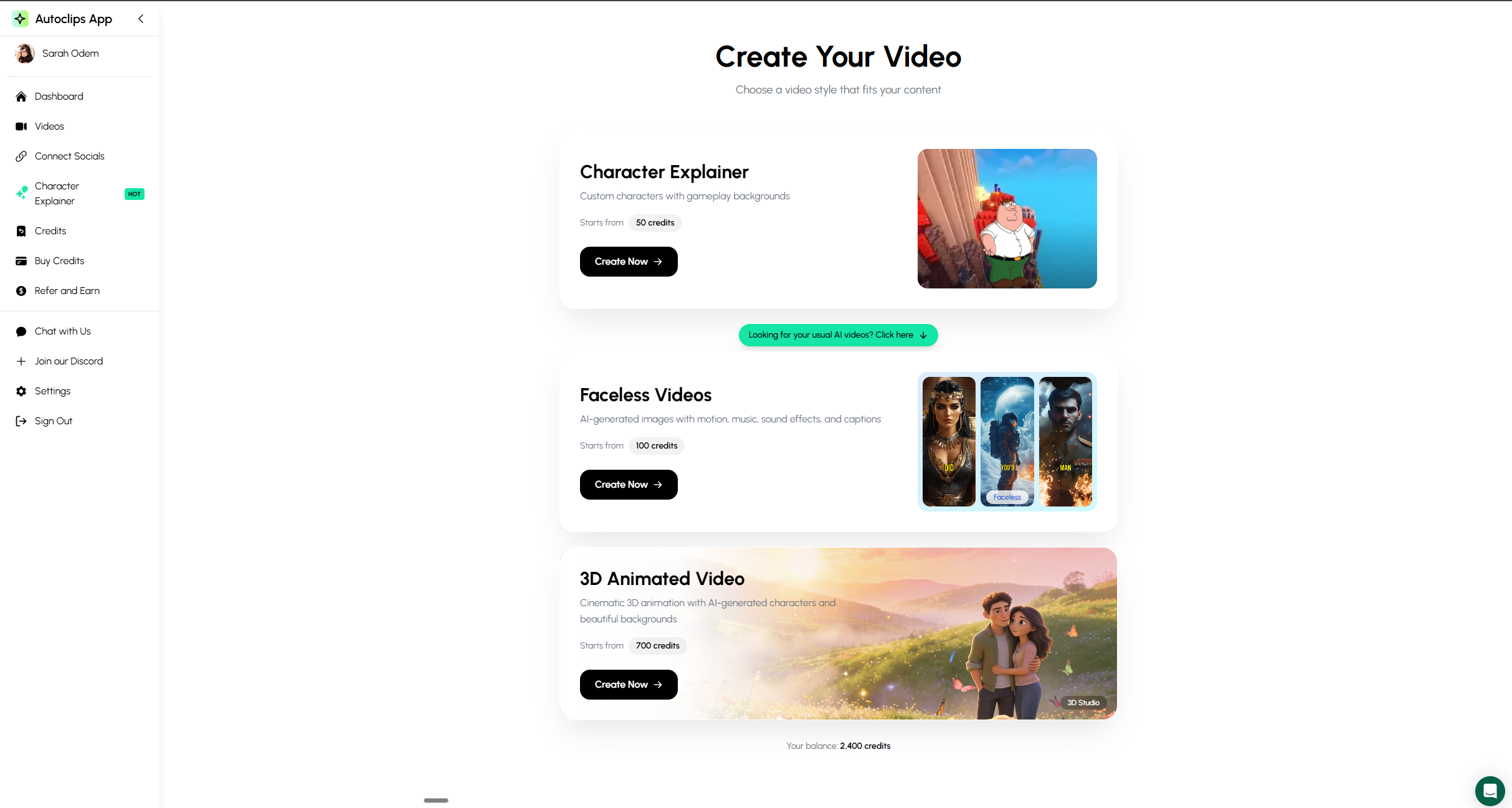 Autoclips dashboard for creating AI watermelon talking videos